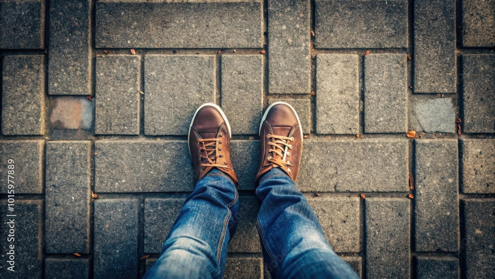 Close-up of a person's feet standing on the paved sidewalk , feet, pavement, walking, street, urban, city, legs, shoes