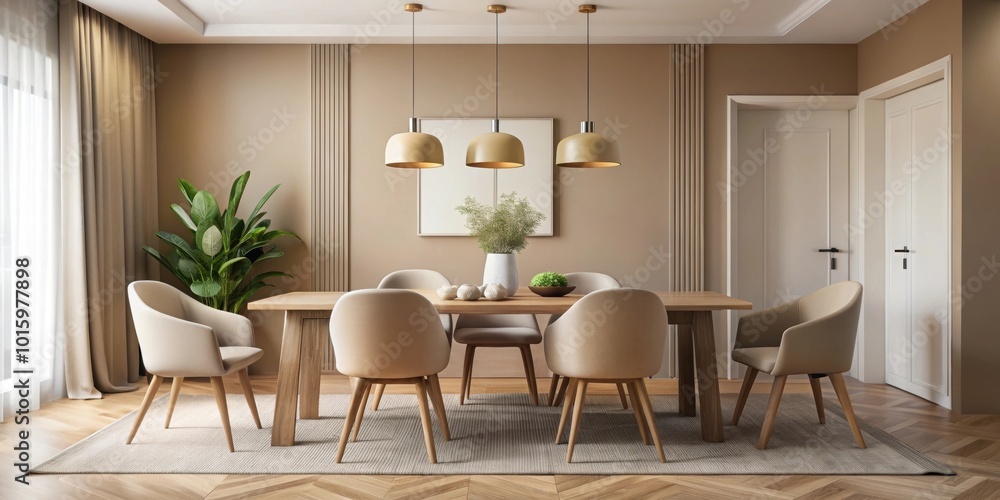 Contemporary minimalist dining room with a custom beige table, statement light fixture, and muted, earthy tones Contemporary minimalist dining room with a custom beige table, statement light fixture, and muted, earthy tones