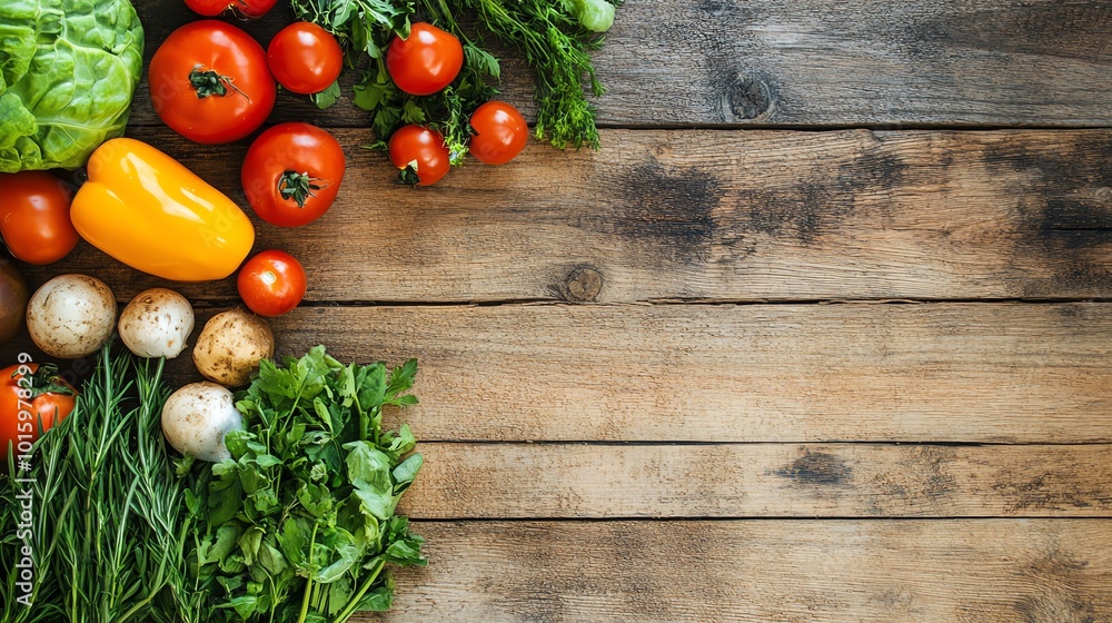 Fresh vegetables on wooden table backdrop Fresh vegetables on wooden table backdrop