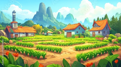 A Small Village Nestled in a Mountain Valley with Fields of Crops