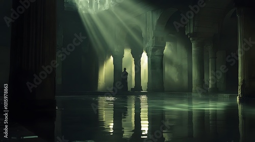 A serene, dimly lit underground space with beams of light illuminating pillars and calm water, creating an atmospheric and mystical ambiance.