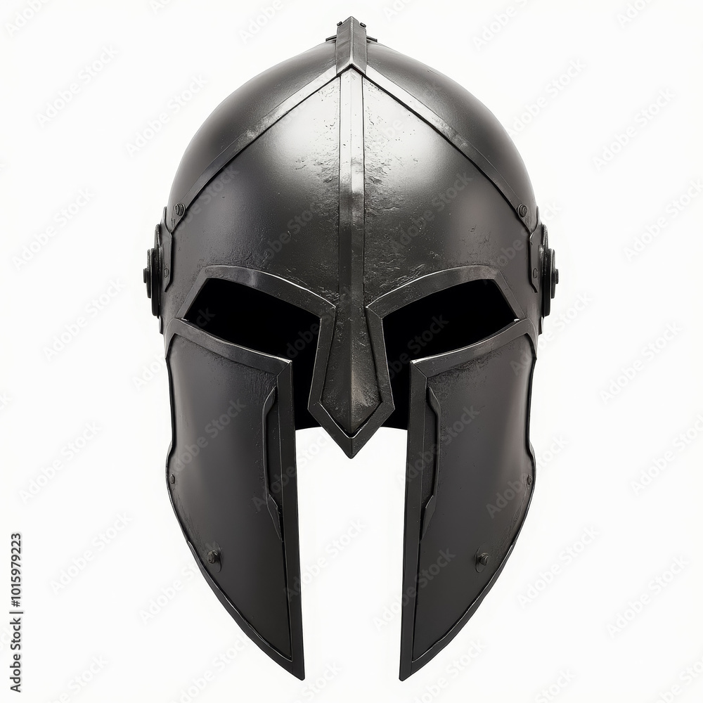 Fototapeta premium This striking gladiator helmet features bold, angular lines and a polished surface that captures the essence of ancient warriors, symbolizing strength and bravery