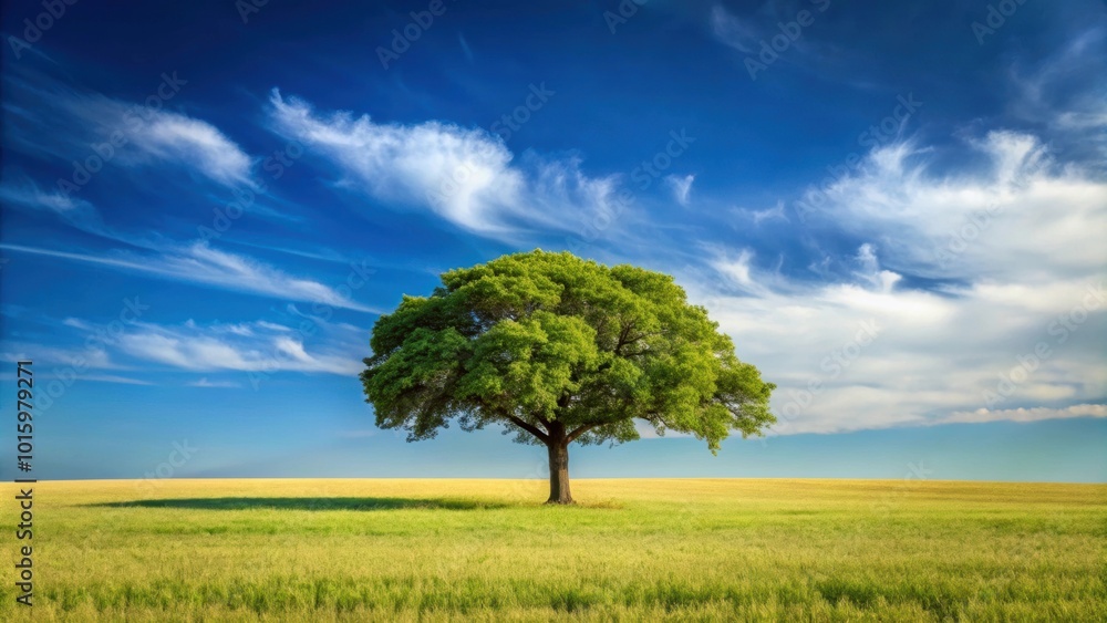 Fototapeta premium Lone tree standing tall in a vast empty field, solitude, nature, landscape, isolated, peaceful, serene