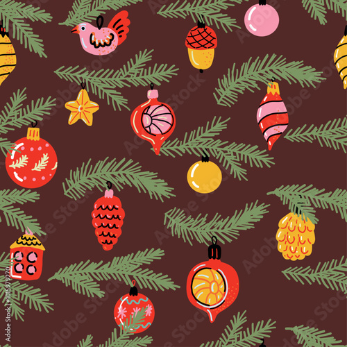 Christmas baubles with fir branches. Vintage Christmas glass on brown background. Retro ornament seamless pattern.