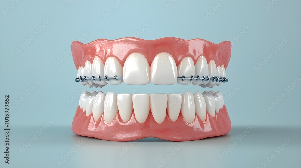 Obraz premium Teeth realignment process in animation, showing crooked teeth gradually moving into perfect alignment through braces, before and after view