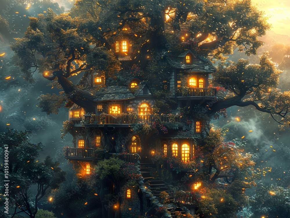 Enchanted Treehouse in a Magical Forest at Night Enchanted Treehouse in a Magical Forest at Night