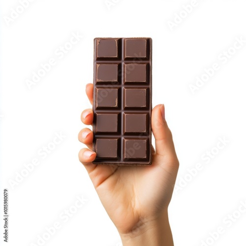 A hand holds a bar of dark chocolate. photo