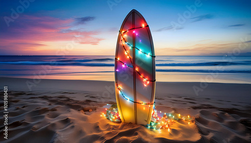 Surfboard with Christmas Lights and a Santa Hat
