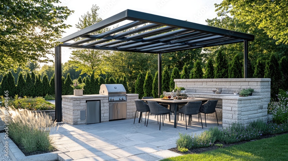 An elegant outdoor kitchen with a stone grill station An elegant outdoor kitchen with a stone grill station