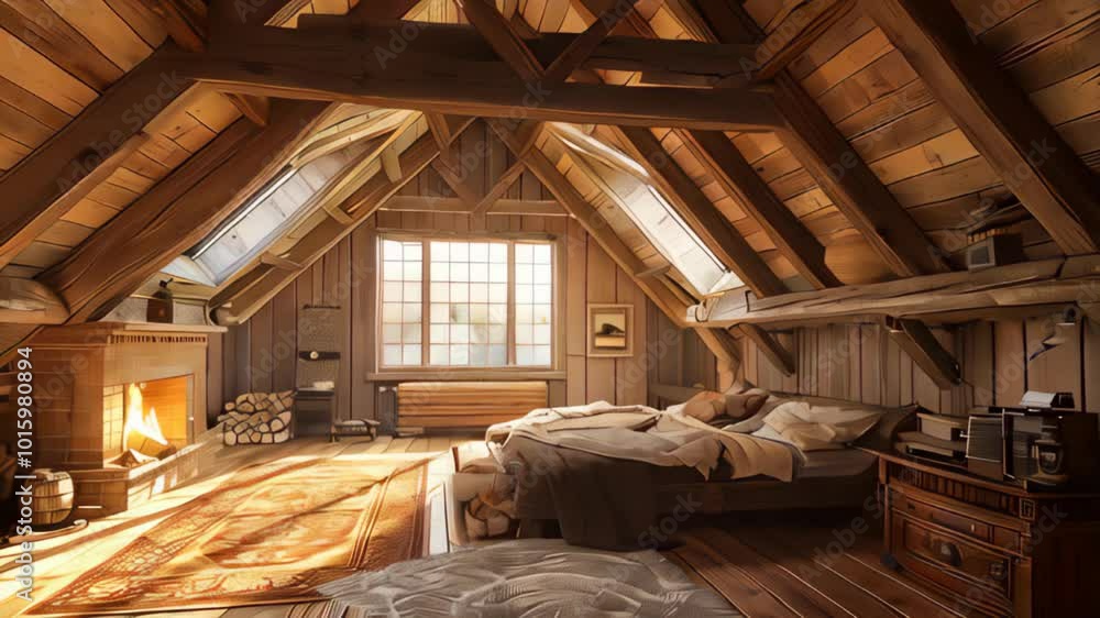 Cozy Attic Bedroom with Wooden Beams and a Sunlit Window Cozy Attic Bedroom with Wooden Beams and a Sunlit Window