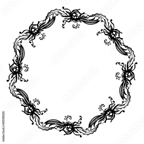 Vintage wreath from web leaves and swirls - vector graphic, black lines on white. Gothic style. Mirror decoration.