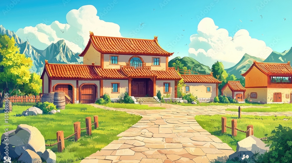 A picturesque village nestled amidst verdant hills under a bright blue sky. A picturesque village nestled amidst verdant hills under a bright blue sky.