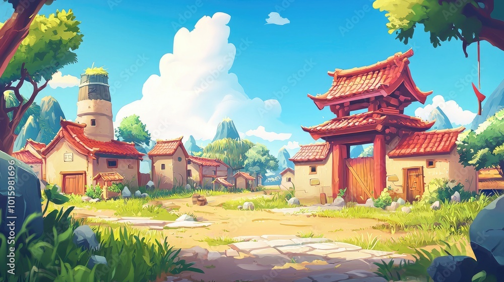 Fototapeta premium A Quaint Asian Village Street with a Stone Gate and Mountain Views