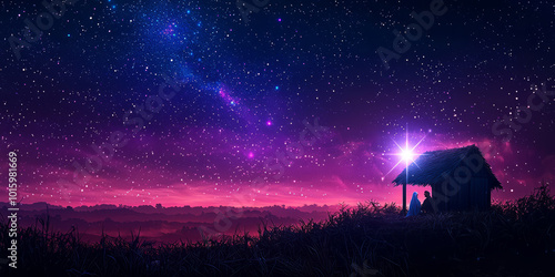 A bright star illuminating the night sky, shining over the manger scene with Mary, Joseph, and baby Jesus.