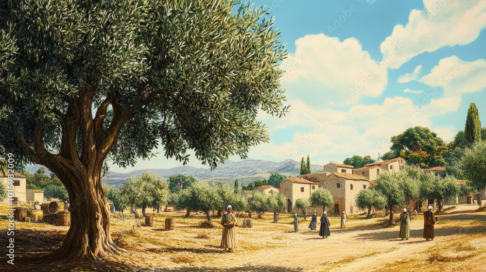 Fototapeta premium Create a story centered around an annual olive harvest festival in a small village. 