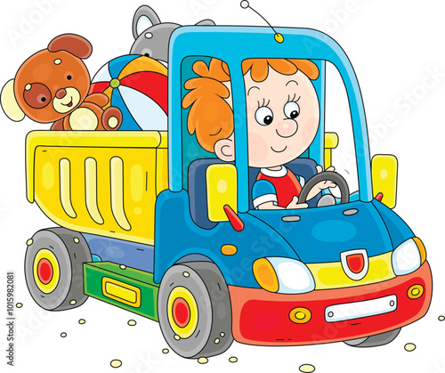 Happy little boy playing in a toy truck on a playground in a park, vector cartoon illustration on a white background