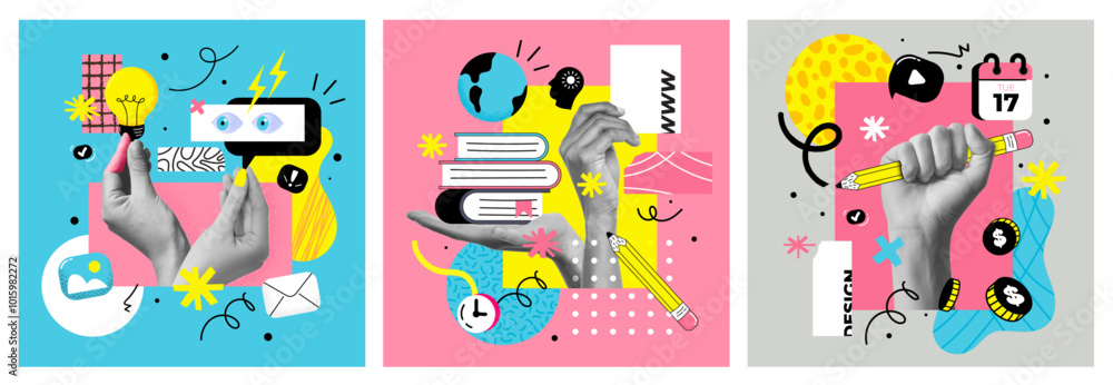 © darkovujic - The abstract collage banner for an art school or Online education. The halftone hand and splash elements, modern design. Social media template. Vector illustration © darkovujic - The abstract collage banner for an art school or Online education. The halftone hand and splash elements, modern design. Social media template. Vector illustration