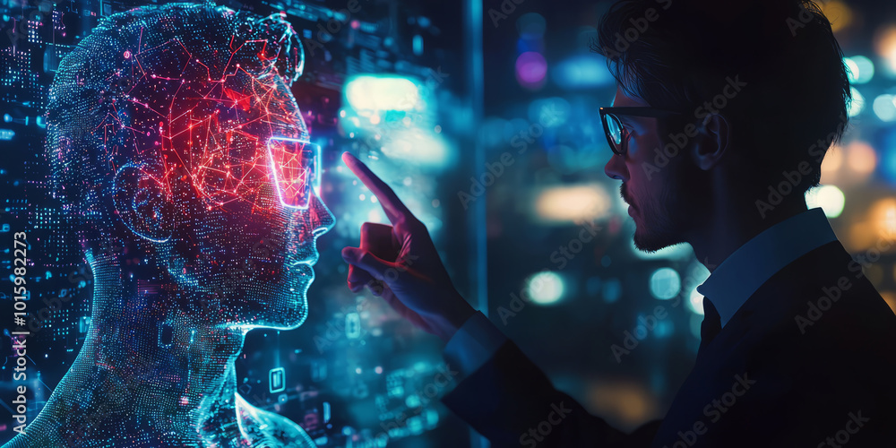 A virtual mentor or coach in the form of a glowing avatar teaching a businessman through a digital interface. A virtual mentor or coach in the form of a glowing avatar teaching a businessman through a digital interface.