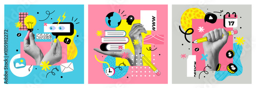 The abstract collage banner for an art school or Online education. The halftone hand and splash elements, modern design. Social media template. Vector illustration