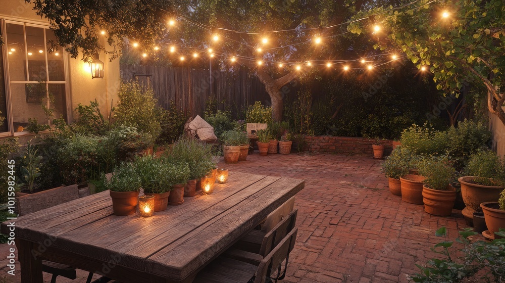 Obraz premium An inviting garden patio with a rustic wooden dining table