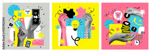 Contemporary collage with hands, Finance elements and money and abstract shapes. Banner of financial planning. Vector art