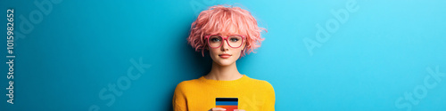young woman with pink hair and glasses holding a credit card