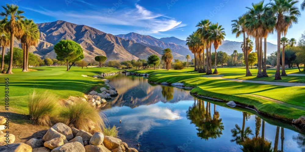 Fototapeta premium Stream flowing through scenic golf course in Palm Springs, California , Palm Springs, California, golf course, stream, water