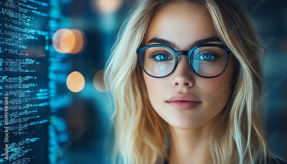 Blonde Caucasian female IT data analyst with data flow graphics, in a professional business context, featuring ample copy space for information Blonde Caucasian female IT data analyst with data flow graphics, in a professional business context, featuring ample copy space for information