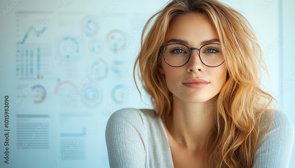 Blonde Caucasian female IT data analyst with data flow graphics, in a professional business context, featuring ample copy space for information Blonde Caucasian female IT data analyst with data flow graphics, in a professional business context, featuring ample copy space for information