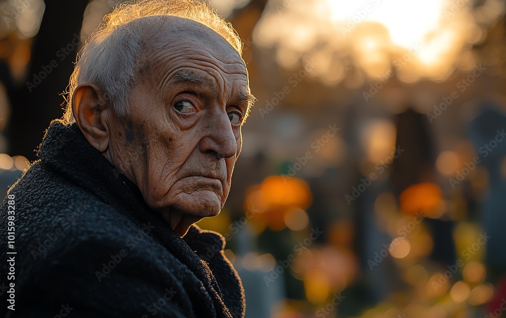 Closeup of an elderly man reflecting on mortality, with a cemetery in the background, portraying a deep and contemplative mood Closeup of an elderly man reflecting on mortality, with a cemetery in the background, portraying a deep and contemplative mood