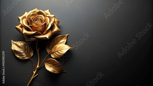 Fototapeta Naklejka Na Ścianę i Meble -  Metallic golden roses and leaves on black background, gold, roses, flowers, metallic, shiny, elegant, luxury