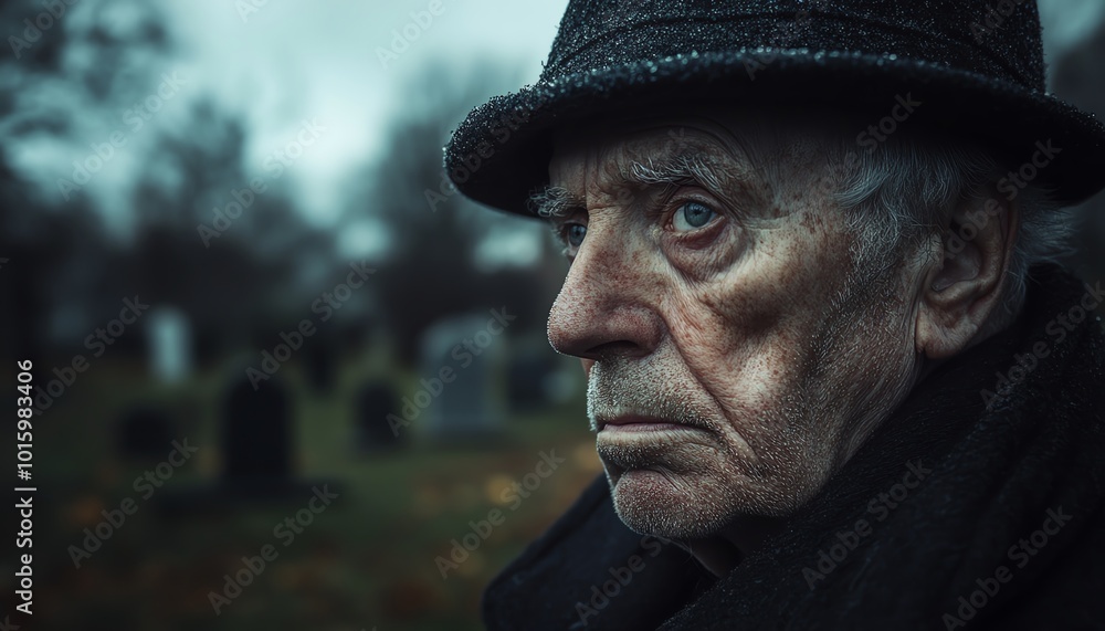 Closeup of an old grandfather contemplating death and the end of life, with a cemetery in the background, detailed and poignant portrait Closeup of an old grandfather contemplating death and the end of life, with a cemetery in the background, detailed and poignant portrait