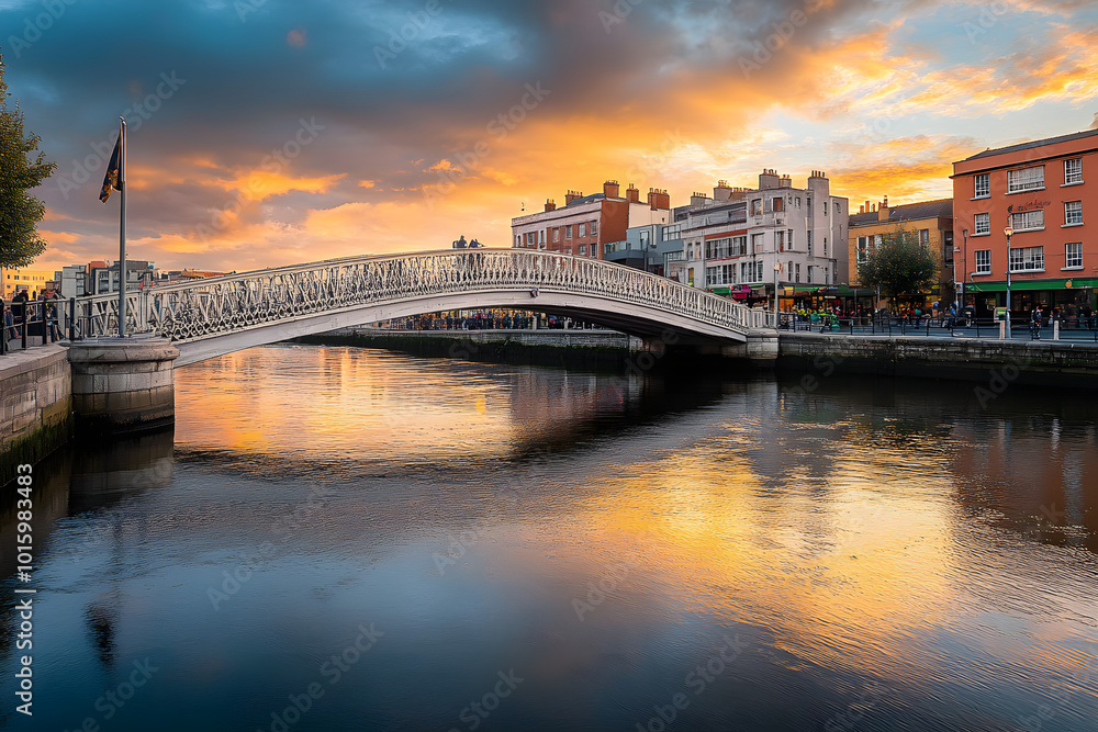 Ha'penny Bridge is over river Liffey in sunset, Dublin, Ireland Ha'penny Bridge is over river Liffey in sunset, Dublin, Ireland
