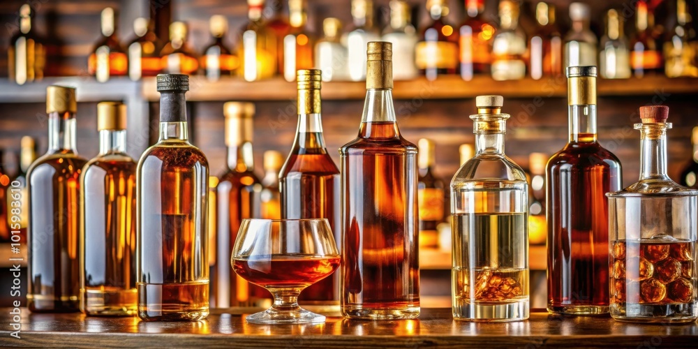 Assorted cognac bottles with elegant labels on glass shelf in bar setting , cognac, bottles, elegant, labels, glass, shelf Assorted cognac bottles with elegant labels on glass shelf in bar setting , cognac, bottles, elegant, labels, glass, shelf
