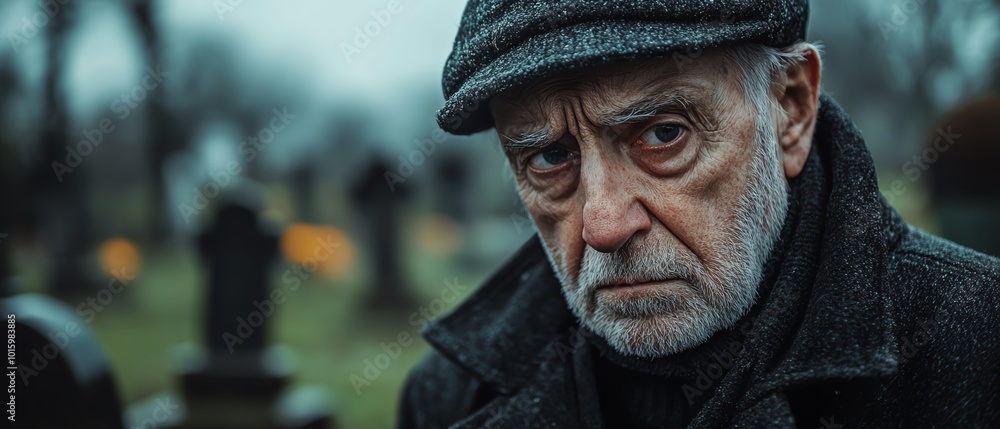 Elderly grandfather with a thoughtful expression about death and the end of life, cemetery backdrop, capturing the depth of his reflections Elderly grandfather with a thoughtful expression about death and the end of life, cemetery backdrop, capturing the depth of his reflections