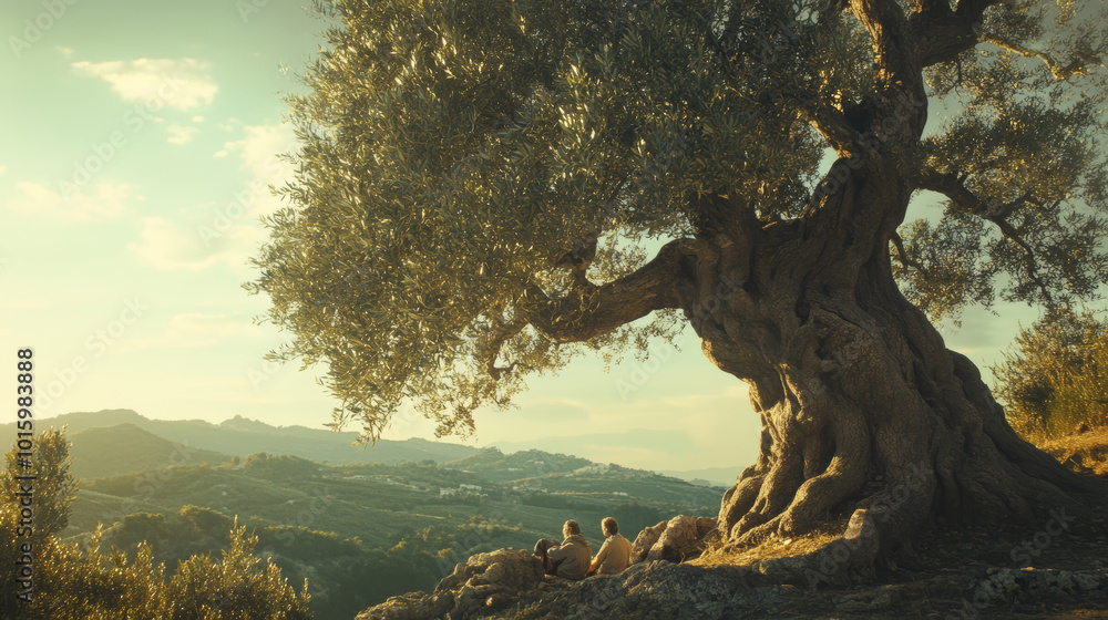 Fototapeta premium Imagine a wise old olive tree that has witnessed centuries of history. 
