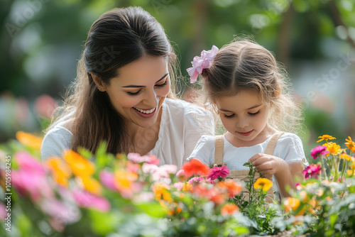 Mother and daughter happily garden together, planting vibrant flowers in their lush garden on a warm sunny day, bonding over nature's beauty