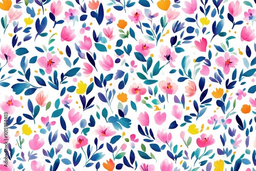 Colorful floral pattern with vibrant spring flowers leaves