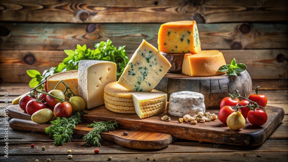 Assorted gourmet cheeses on rustic wooden board in cozy kitchen setting, gourmet, cheeses, wooden board, rustic, cozy Assorted gourmet cheeses on rustic wooden board in cozy kitchen setting, gourmet, cheeses, wooden board, rustic, cozy