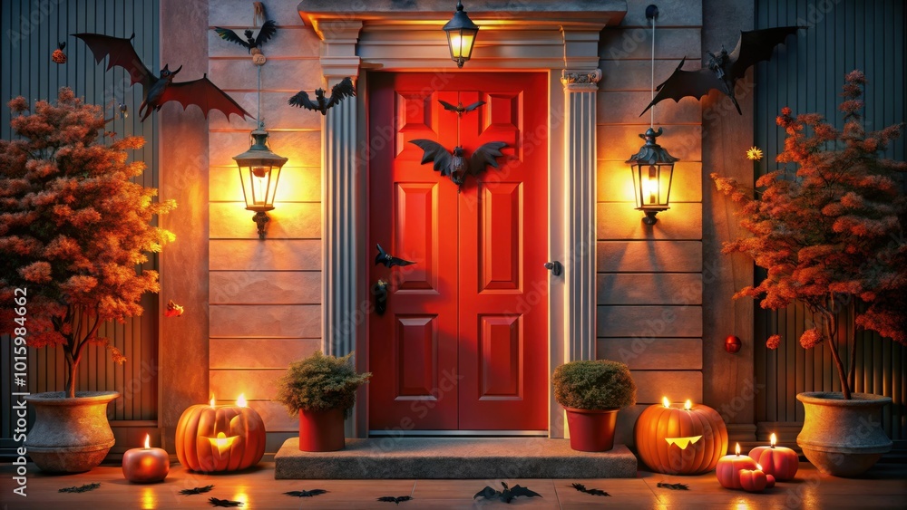 Obraz premium Halloween door decoration with bat and lanterns illuminating red entrance in festive evening ambiance, Halloween, door decoration