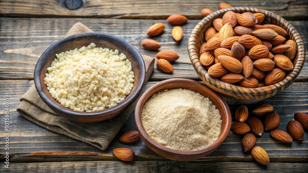 Almond flour and whole almonds in rustic bowls, perfect for gluten-free baking , Almond flour, almonds, gluten-free, healthy Almond flour and whole almonds in rustic bowls, perfect for gluten-free baking , Almond flour, almonds, gluten-free, healthy