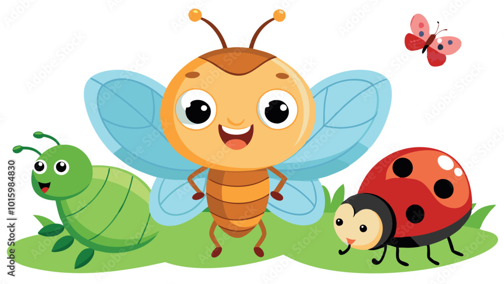 Obraz premium Cartoon bugs. Baby insect, funny happy bug and cute ladybug