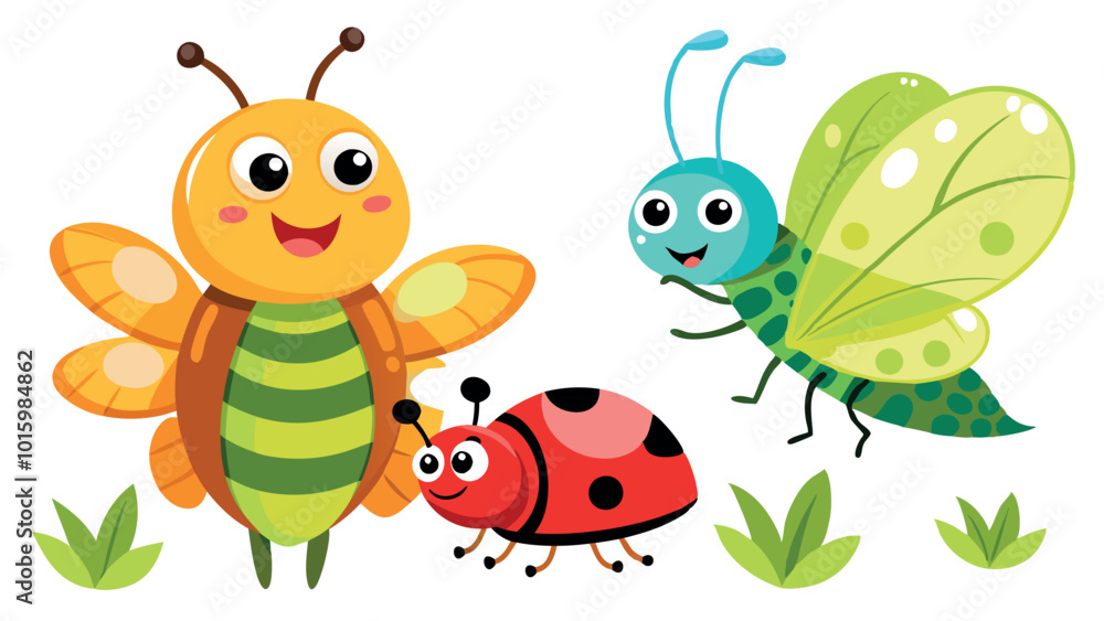 Cartoon bugs. Baby insect, funny happy bug and cute ladybug Cartoon bugs. Baby insect, funny happy bug and cute ladybug