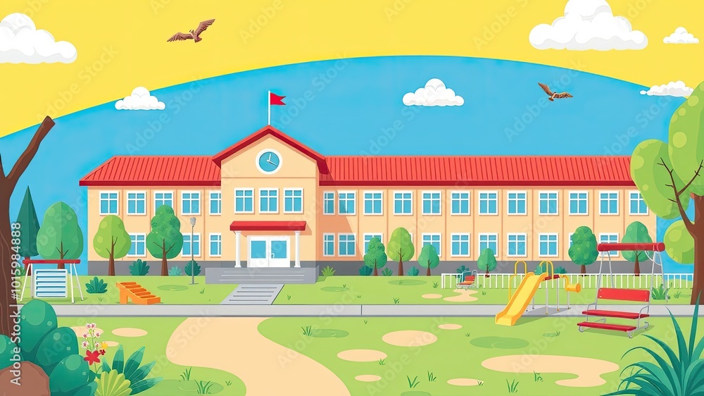 School background, Bright and Cheerful School Building with Playground in the Foreground School background, Bright and Cheerful School Building with Playground in the Foreground