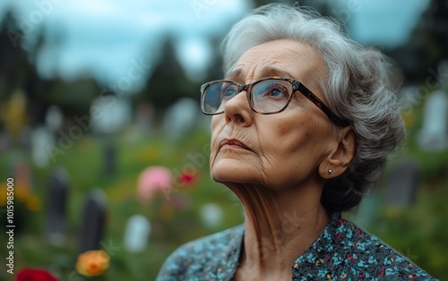 Mature grandmother thinking about death, with a cemetery in the background, symbolizing reflections on the end of life and the journey ahead