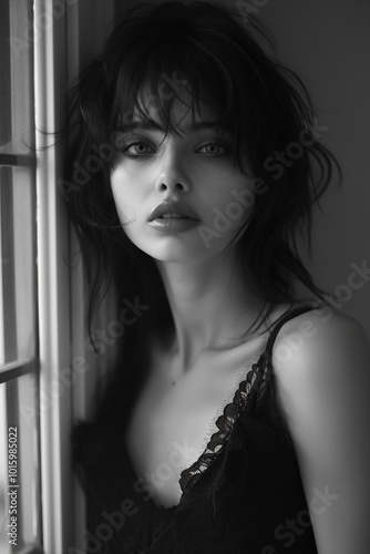 A captivating black and white portrait of a young woman with tousled dark hair and a soft expression, standing by a window.