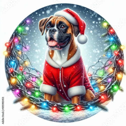 Boxer Dog wear Santa Hat surround by christmas lights. Cute New year Clip Art Greeting Cartoon Character Round Sticker for decoration christmas theme