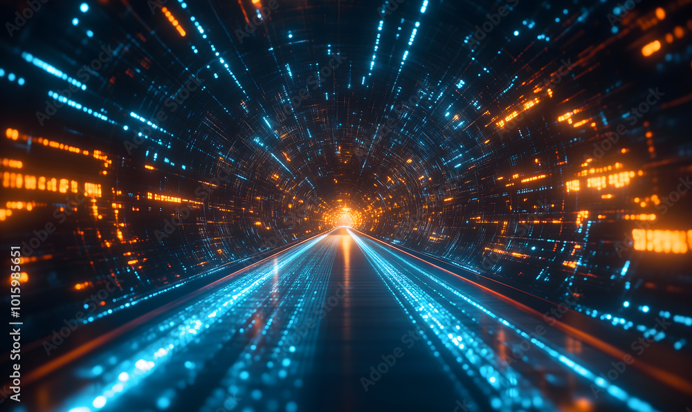 A dynamic digital tunnel with glowing light beams, representing high-speed data transfer, networking and advanced technology, Generative ai A dynamic digital tunnel with glowing light beams, representing high-speed data transfer, networking and advanced technology, Generative ai