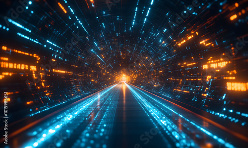 A dynamic digital tunnel with glowing light beams, representing high-speed data transfer, networking and advanced technology, Generative ai