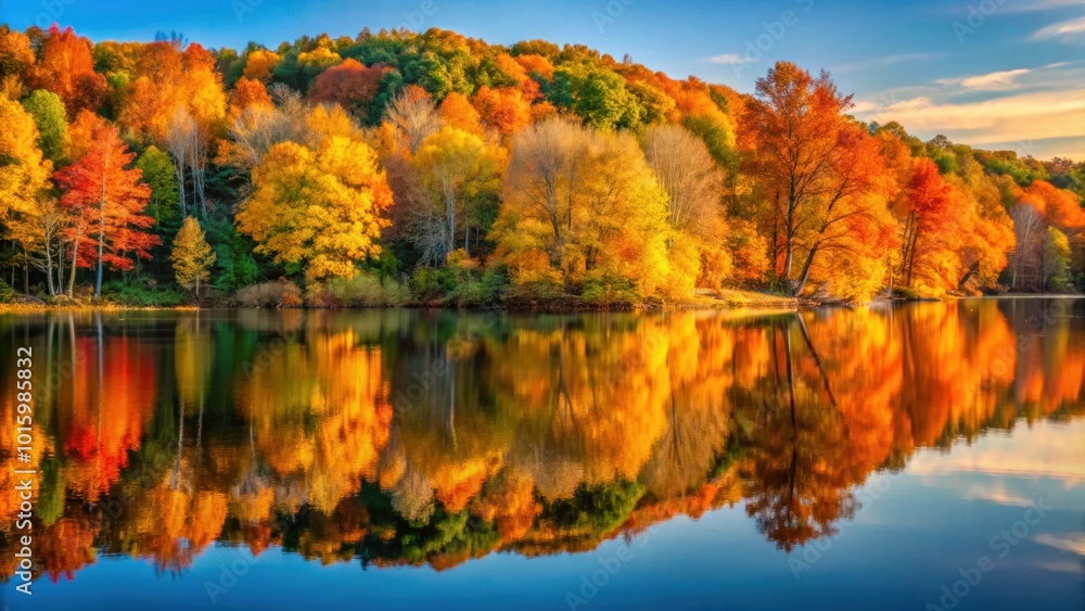 Fall leaves reflected on a lake during golden hour in a midwestern forest , autumn, fall colors, trees, foliage, reflection Fall leaves reflected on a lake during golden hour in a midwestern forest , autumn, fall colors, trees, foliage, reflection